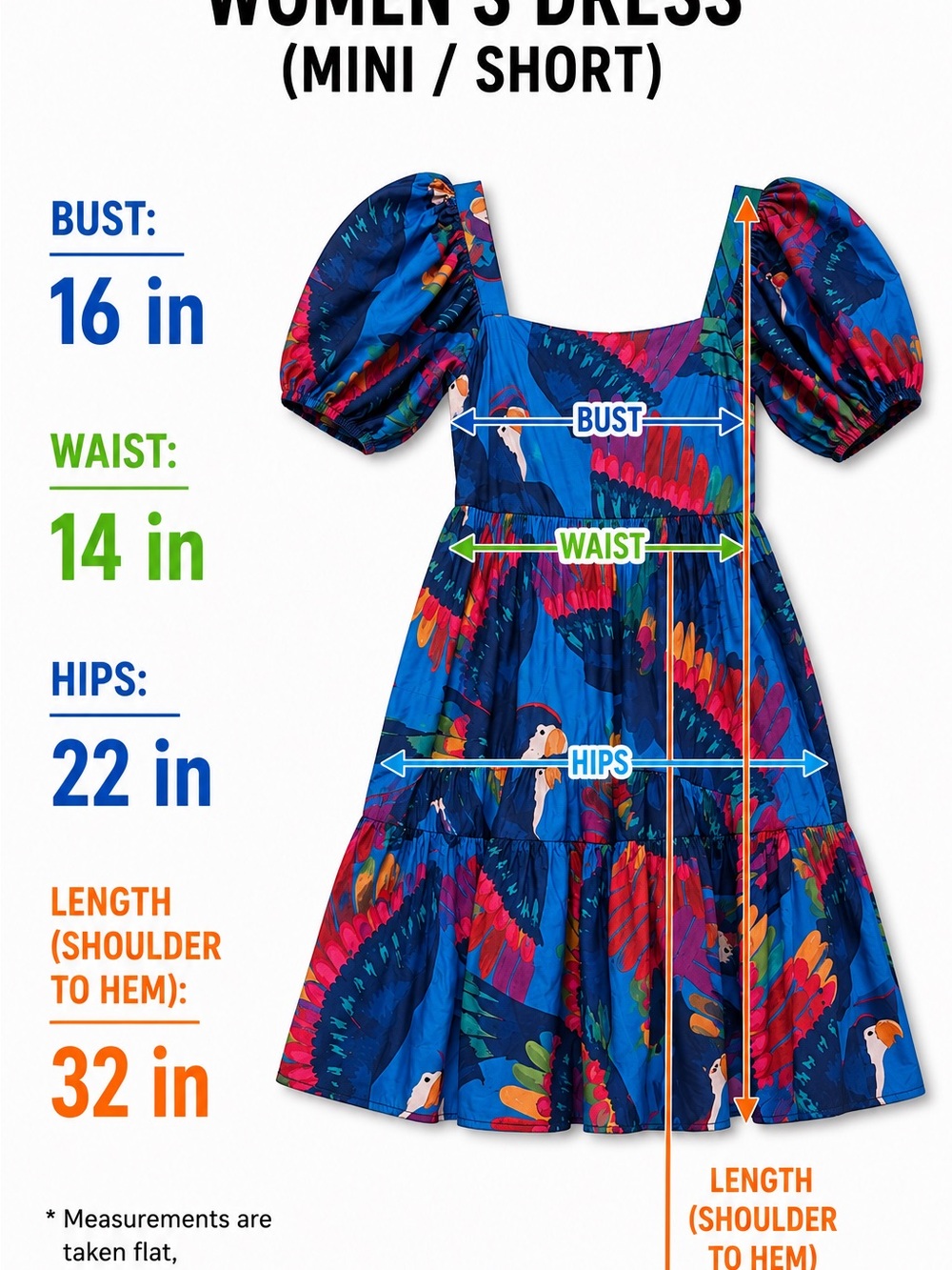 Farm Rio XS Rainbow Macaw Mini Dress Babydoll Smocked Back Puff Sleeve Cotton - Picture 2 of 12